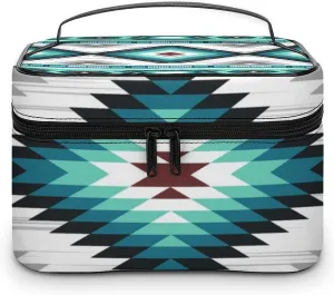 Portable Makeup Case, Waterproof Cosmetic Organizer Pouch with Handle, Teal Turquoise Tribal Navajo Aztec Geometric Ethnic Pattern Large Toiletry Storage Bag for Women