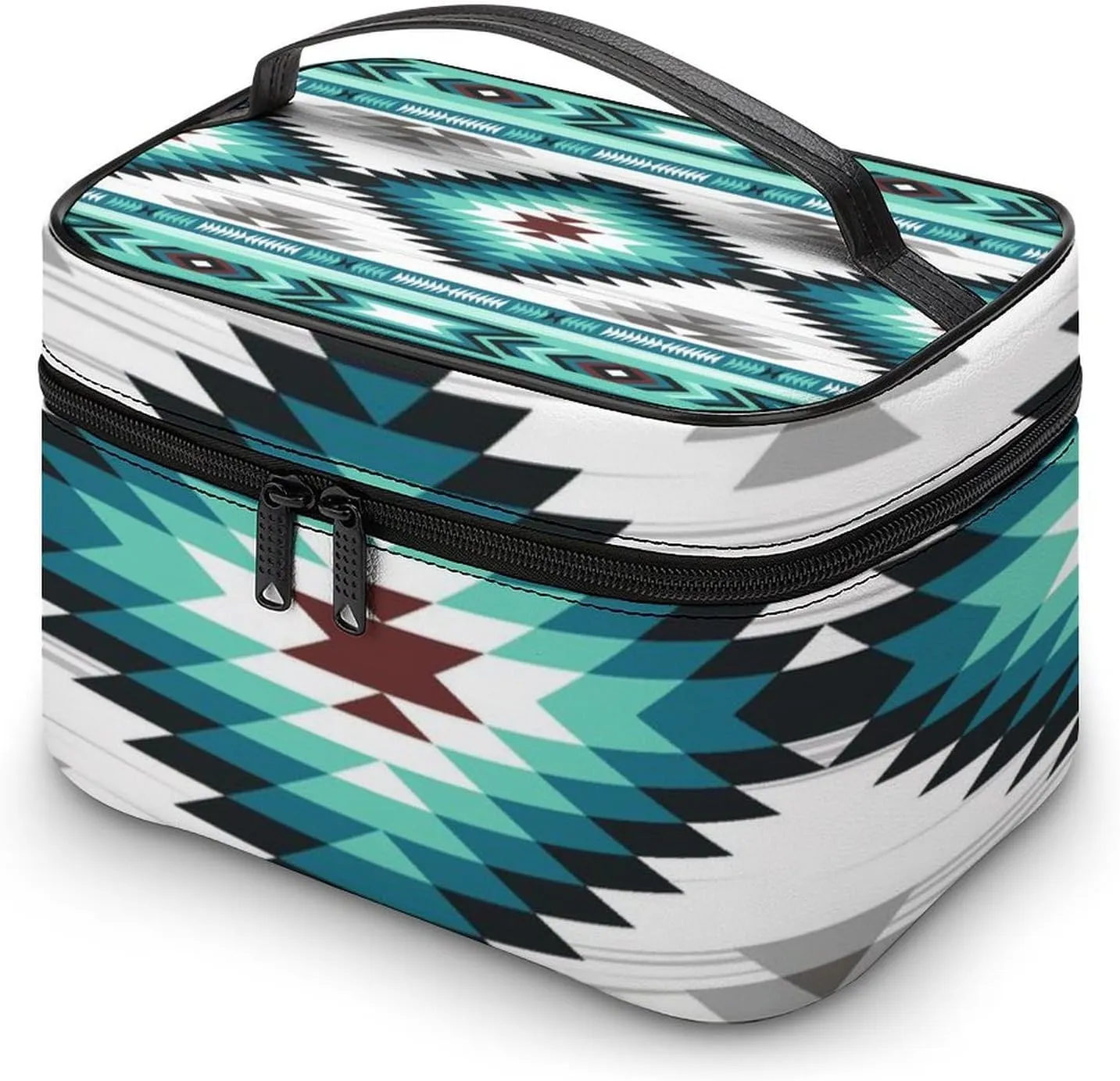 Portable Makeup Case, Waterproof Cosmetic Organizer Pouch with Handle, Teal Turquoise Tribal Navajo Aztec Geometric Ethnic Pattern Large Toiletry Storage Bag for Women