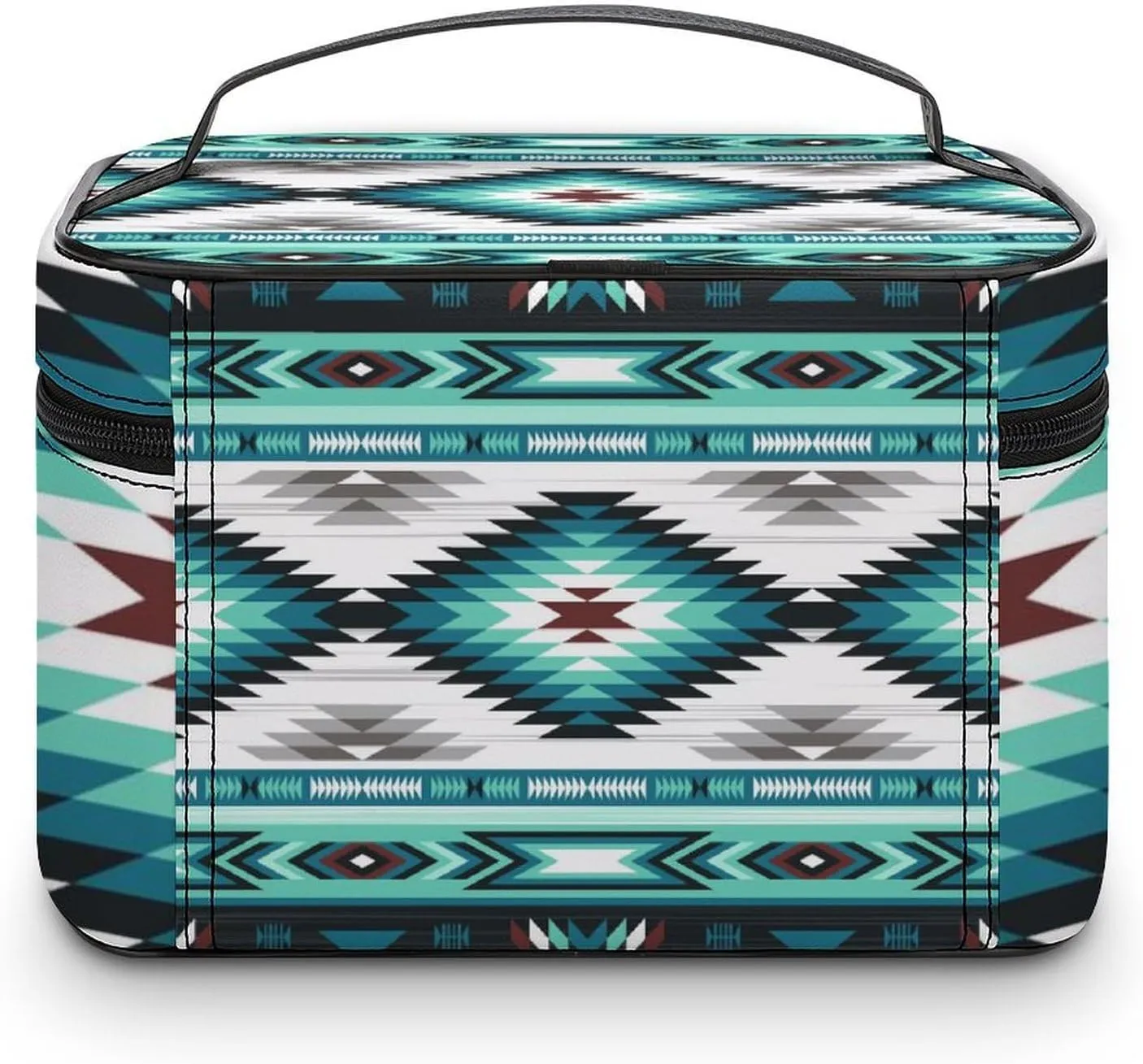 Portable Makeup Case, Waterproof Cosmetic Organizer Pouch with Handle, Teal Turquoise Tribal Navajo Aztec Geometric Ethnic Pattern Large Toiletry Storage Bag for Women