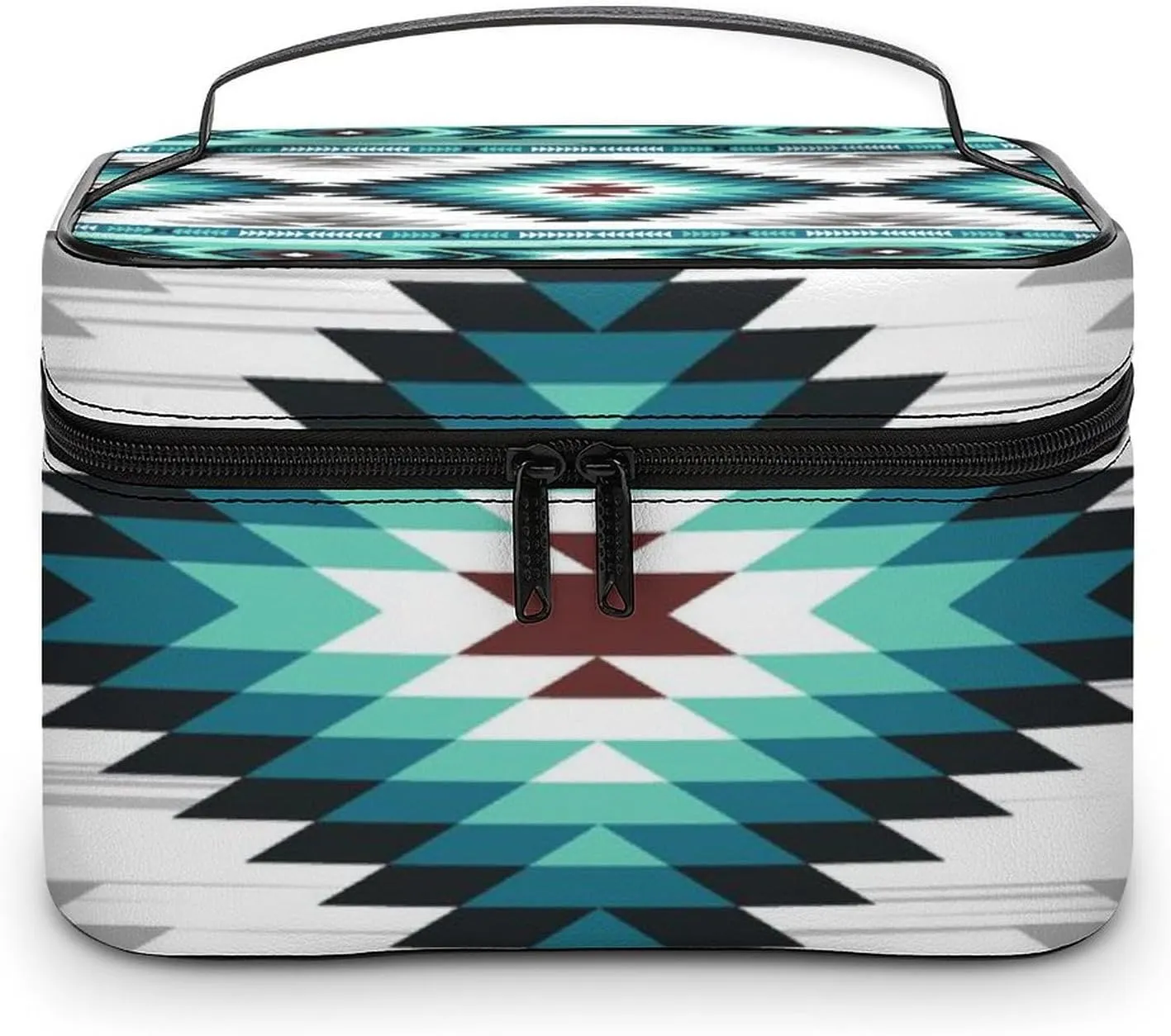 Portable Makeup Case, Waterproof Cosmetic Organizer Pouch with Handle, Teal Turquoise Tribal Navajo Aztec Geometric Ethnic Pattern Large Toiletry Storage Bag for Women