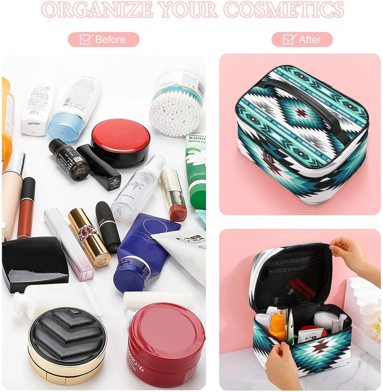 Portable Makeup Case, Waterproof Cosmetic Organizer Pouch with Handle, Teal Turquoise Tribal Navajo Aztec Geometric Ethnic Pattern Large Toiletry Storage Bag for Women