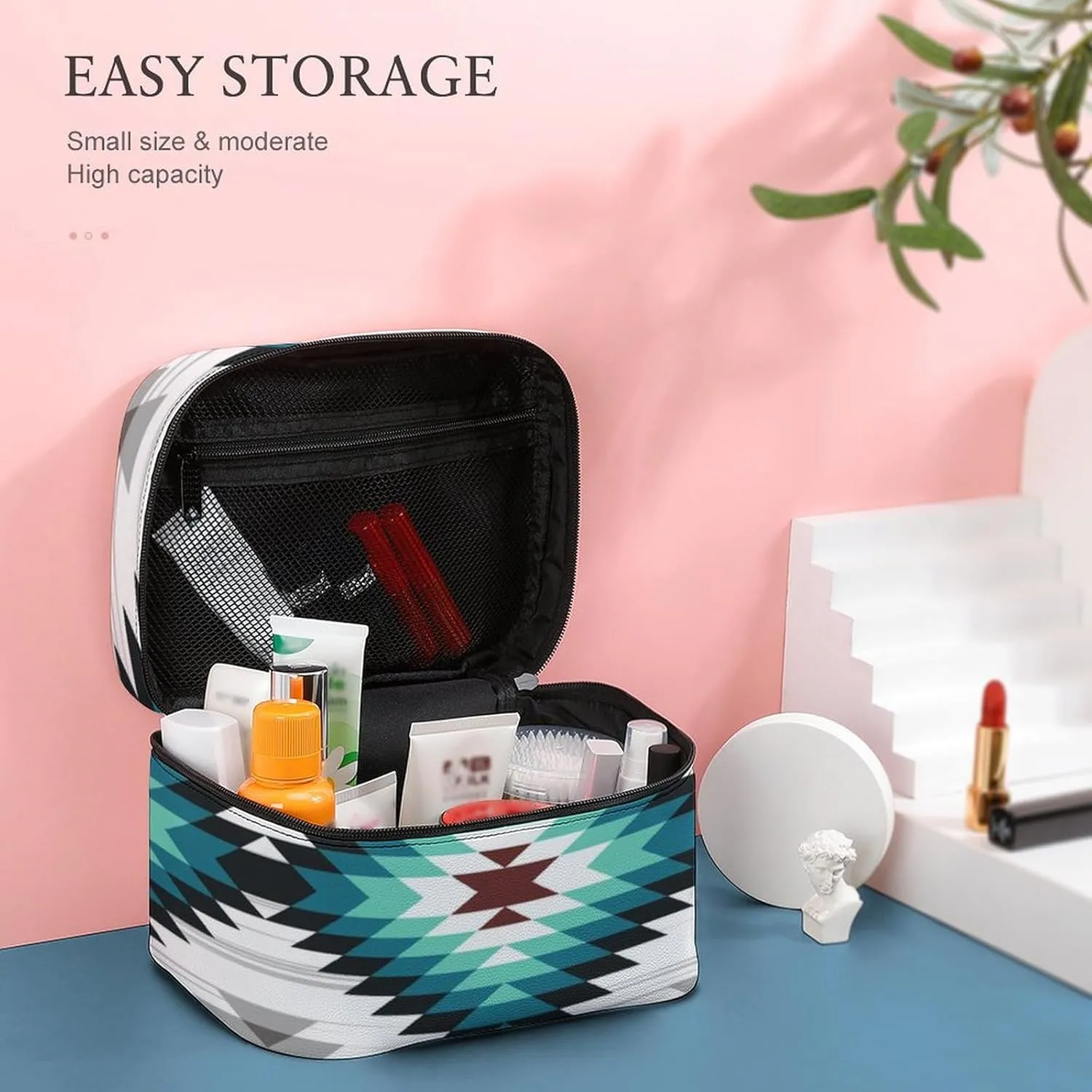 Portable Makeup Case, Waterproof Cosmetic Organizer Pouch with Handle, Teal Turquoise Tribal Navajo Aztec Geometric Ethnic Pattern Large Toiletry Storage Bag for Women