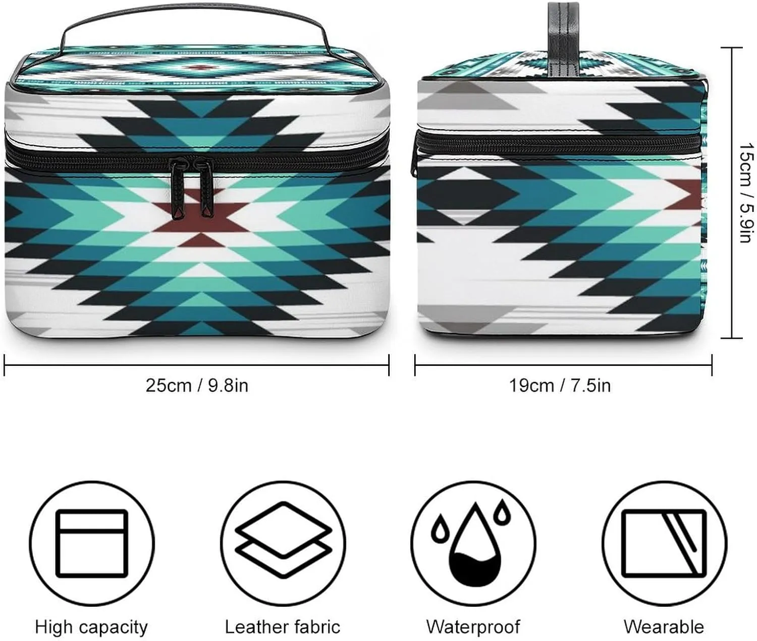 Portable Makeup Case, Waterproof Cosmetic Organizer Pouch with Handle, Teal Turquoise Tribal Navajo Aztec Geometric Ethnic Pattern Large Toiletry Storage Bag for Women