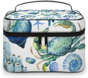 Portable Makeup Train Case, Under Sea Ocean Starfish Shell Coral Crab Watercolor Travel Cosmetics Bag Organizer with Zipper Closure, Waterproof Large Capacity Toiletry Pouch for Women