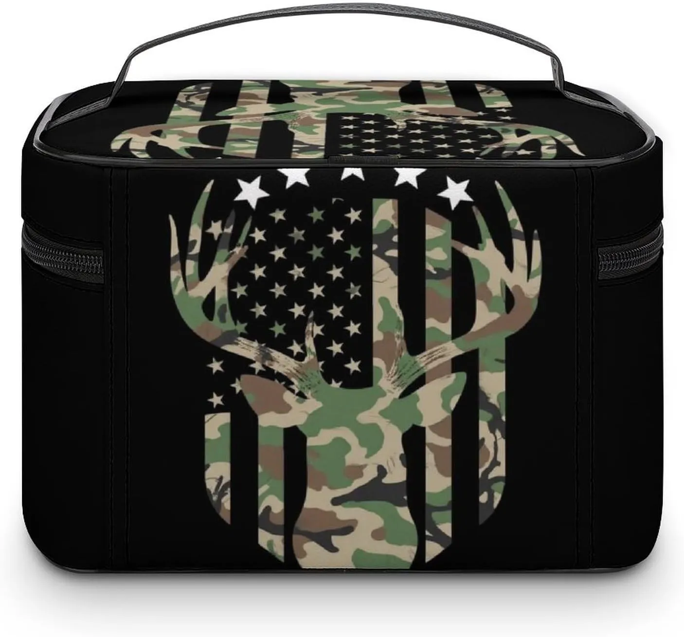 Portable Travel Makeup Bag for Women, Waterproof Toiletry Pouch Camouflage American Flag Hunting Deer Camo Black Cosmetic Organizer Storage Case with Handle