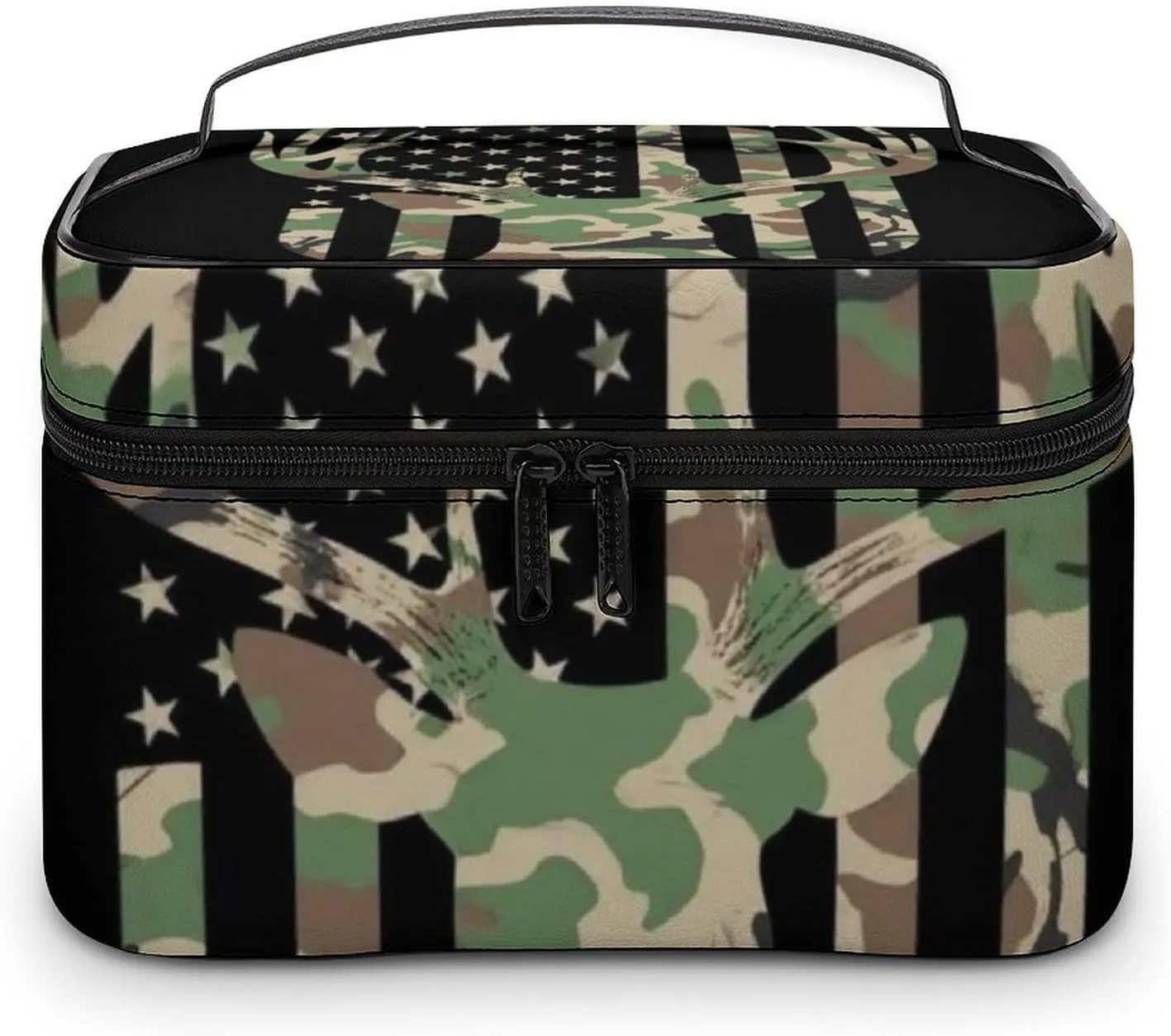Portable Travel Makeup Bag for Women, Waterproof Toiletry Pouch Camouflage American Flag Hunting Deer Camo Black Cosmetic Organizer Storage Case with Handle