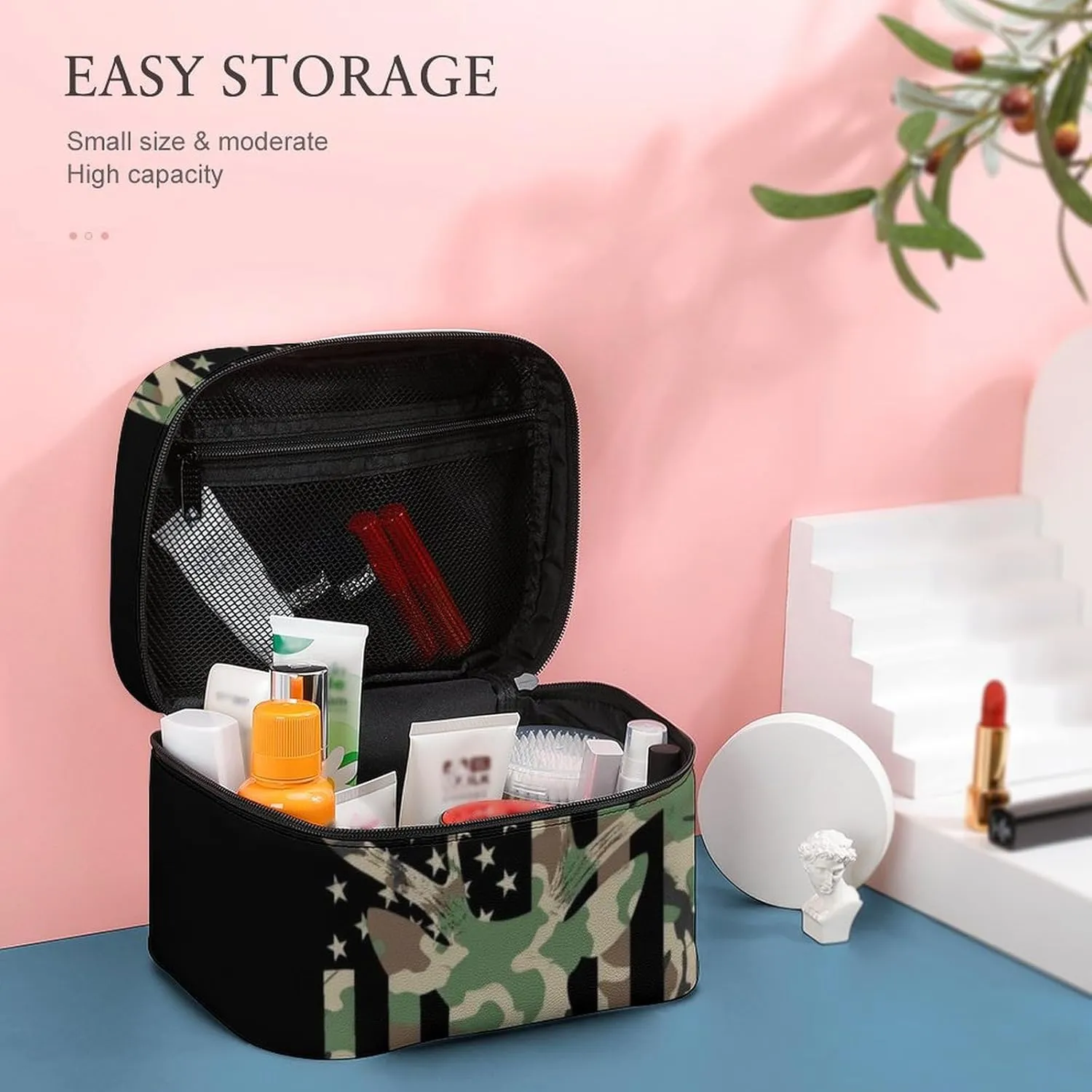 Portable Travel Makeup Bag for Women, Waterproof Toiletry Pouch Camouflage American Flag Hunting Deer Camo Black Cosmetic Organizer Storage Case with Handle