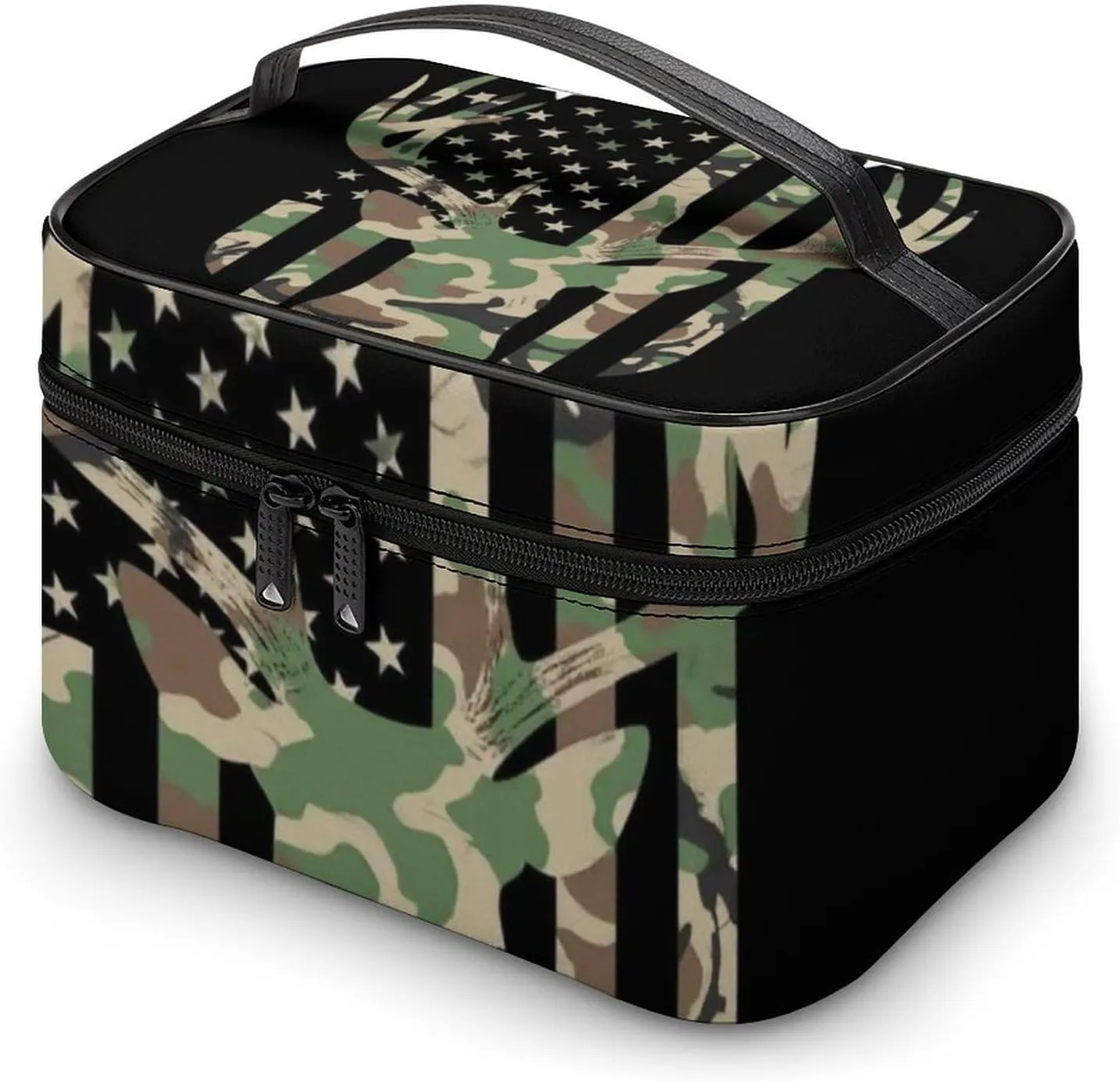 Portable Travel Makeup Bag for Women, Waterproof Toiletry Pouch Camouflage American Flag Hunting Deer Camo Black Cosmetic Organizer Storage Case with Handle