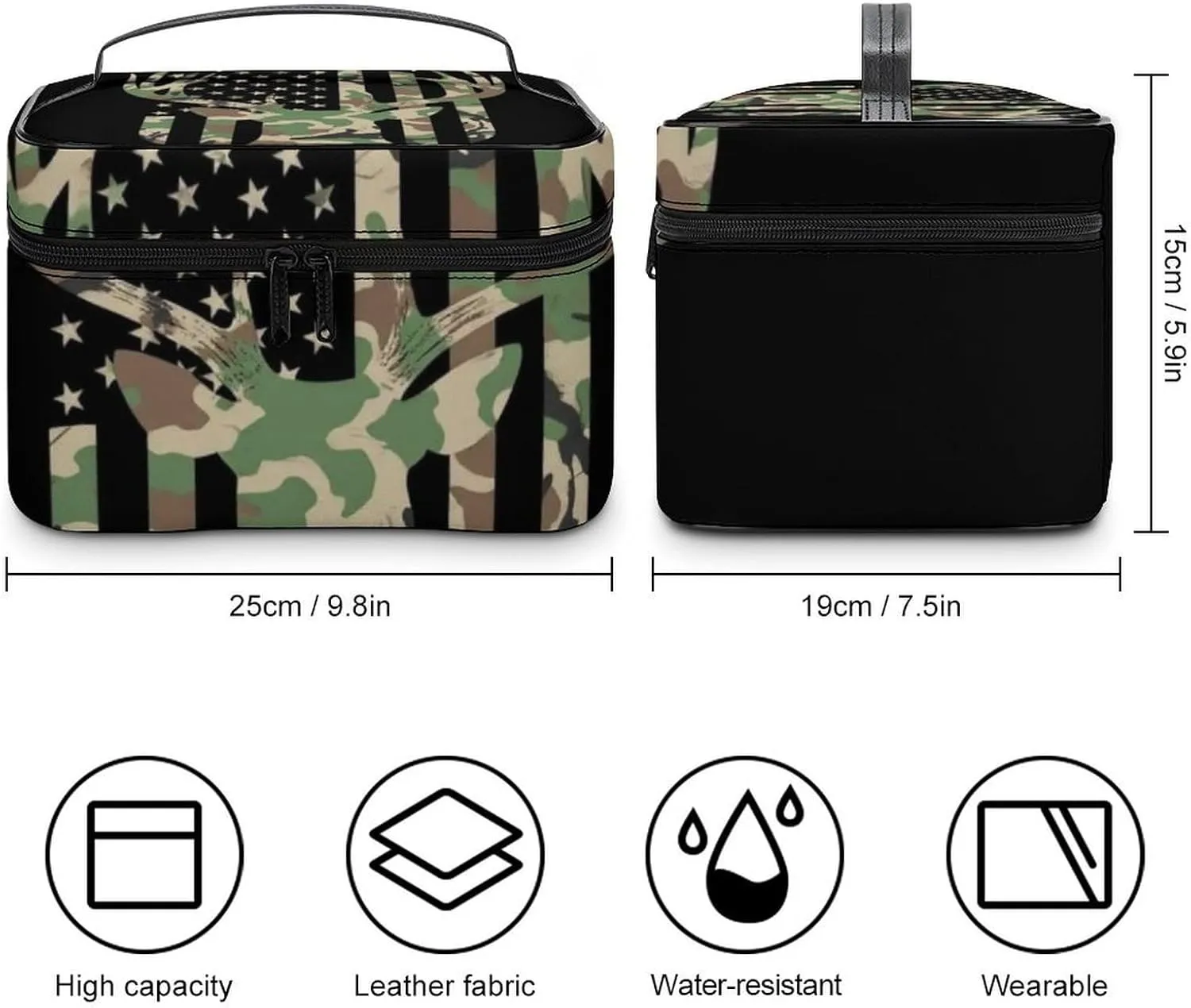 Portable Travel Makeup Bag for Women, Waterproof Toiletry Pouch Camouflage American Flag Hunting Deer Camo Black Cosmetic Organizer Storage Case with Handle