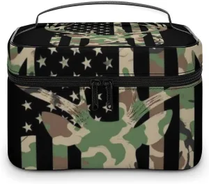 Portable Travel Makeup Bag for Women, Waterproof Toiletry Pouch Camouflage American Flag Hunting Deer Camo Black Cosmetic Organizer Storage Case with Handle