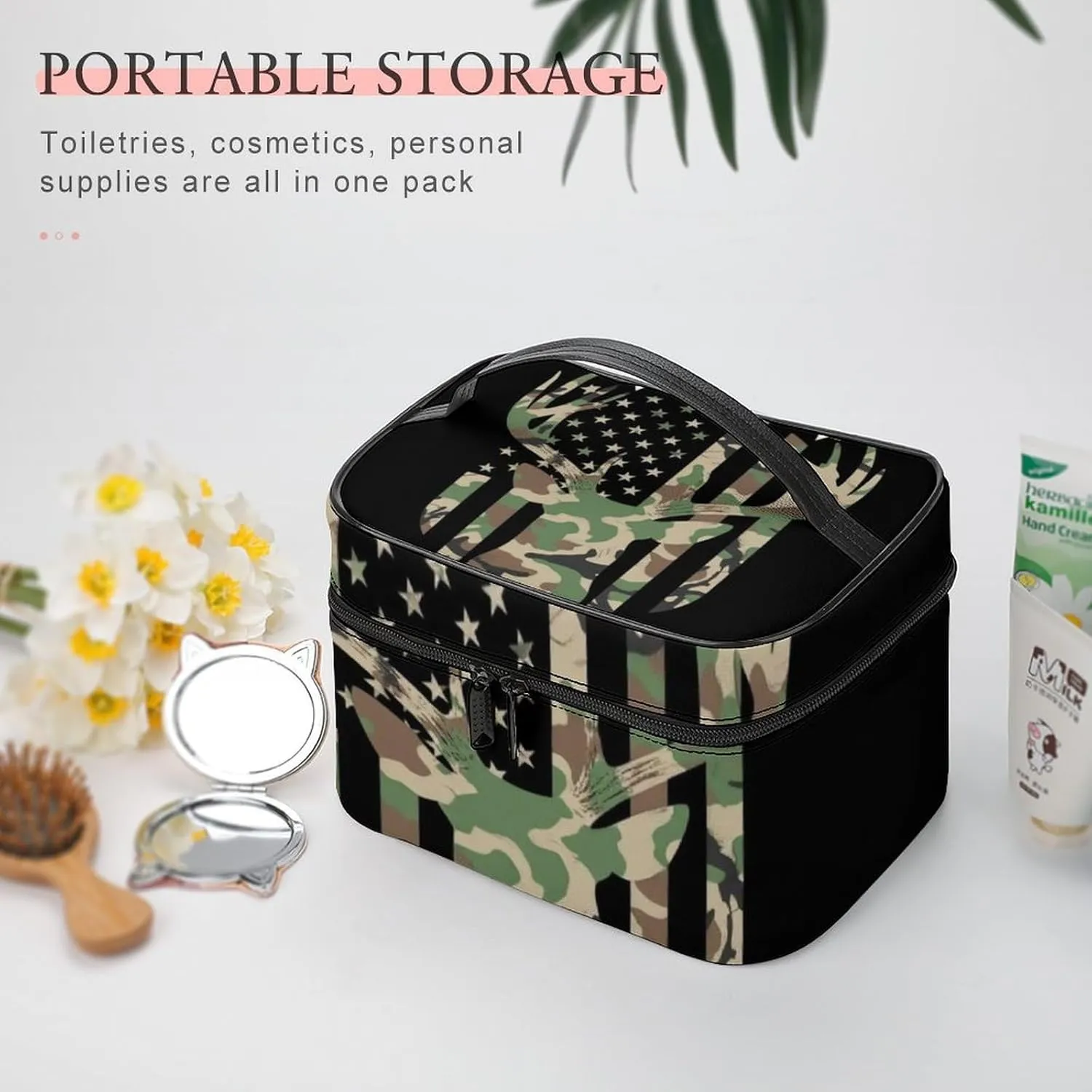 Portable Travel Makeup Bag for Women, Waterproof Toiletry Pouch Camouflage American Flag Hunting Deer Camo Black Cosmetic Organizer Storage Case with Handle