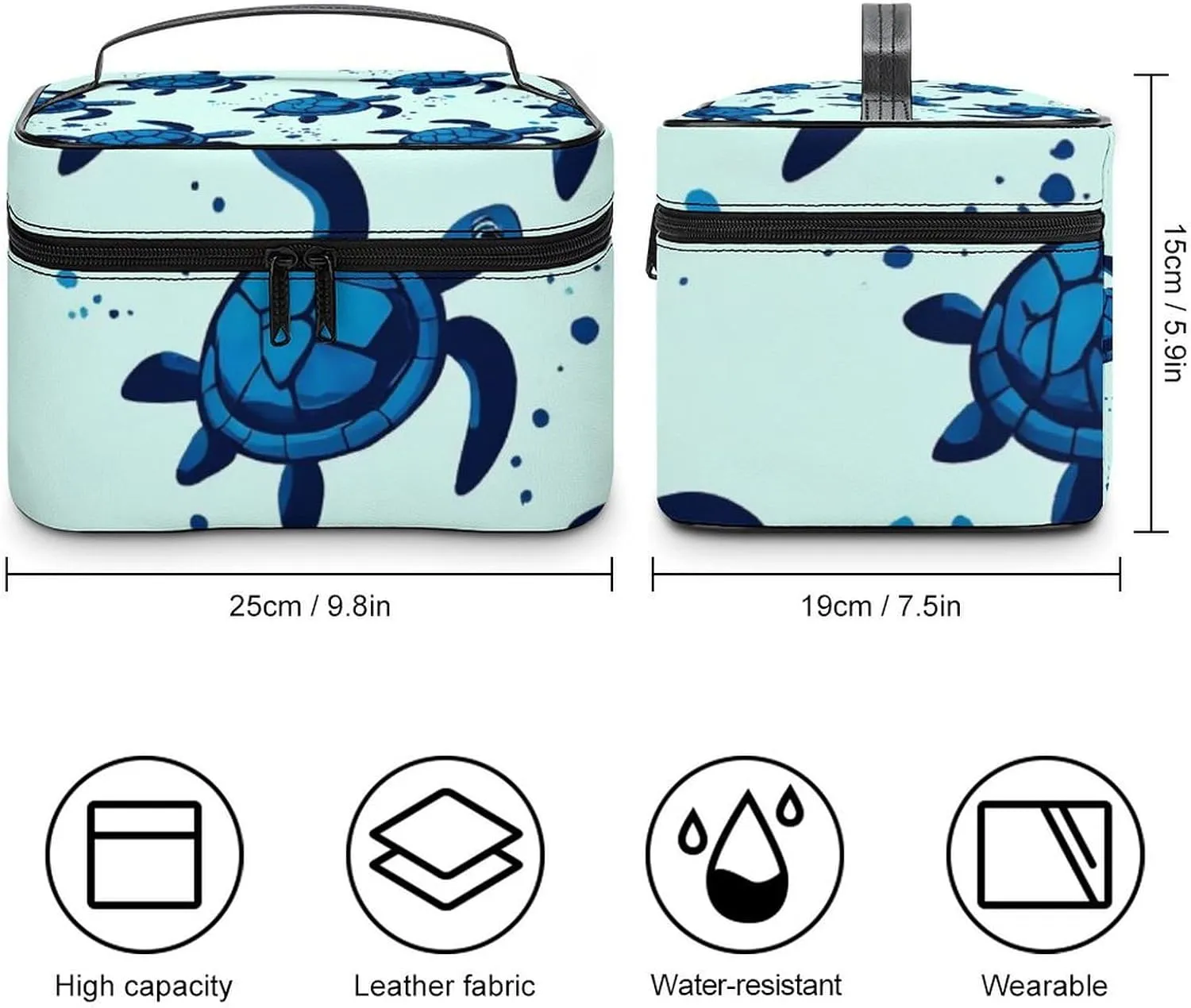 Portable Travel Makeup Bag for Women, Waterproof Toiletry Pouch Ocean Animal Turquoise Blue Sea Turtles Cosmetic Organizer Storage Case with Handle