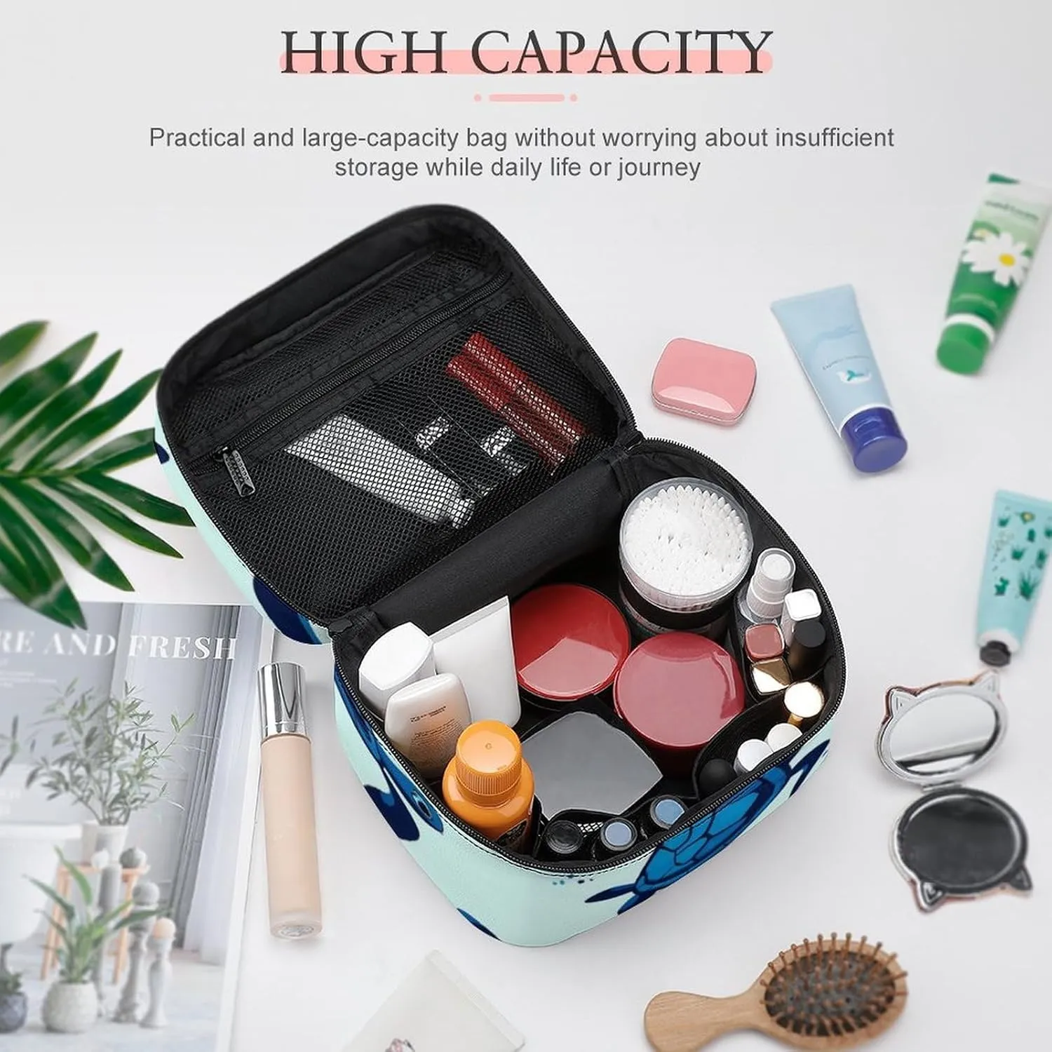 Portable Travel Makeup Bag for Women, Waterproof Toiletry Pouch Ocean Animal Turquoise Blue Sea Turtles Cosmetic Organizer Storage Case with Handle