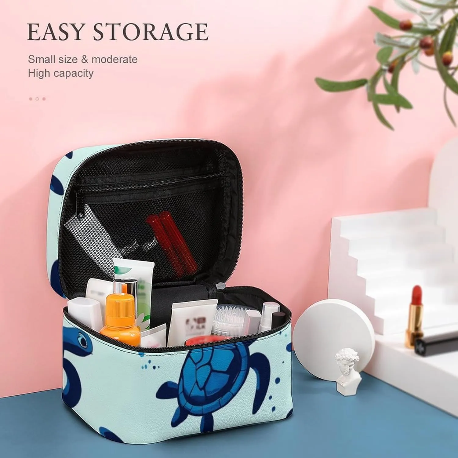 Portable Travel Makeup Bag for Women, Waterproof Toiletry Pouch Ocean Animal Turquoise Blue Sea Turtles Cosmetic Organizer Storage Case with Handle