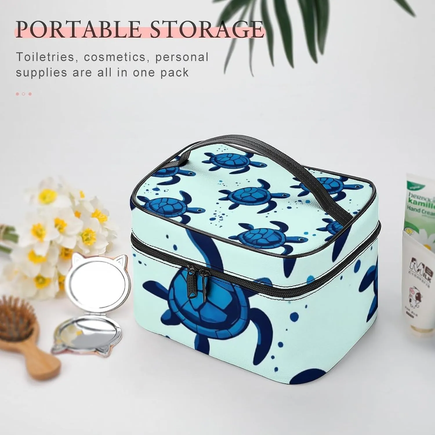 Portable Travel Makeup Bag for Women, Waterproof Toiletry Pouch Ocean Animal Turquoise Blue Sea Turtles Cosmetic Organizer Storage Case with Handle