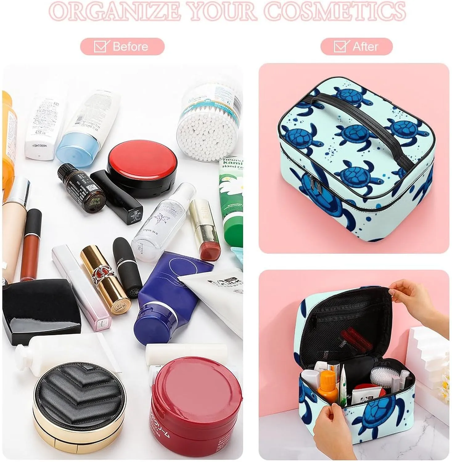 Portable Travel Makeup Bag for Women, Waterproof Toiletry Pouch Ocean Animal Turquoise Blue Sea Turtles Cosmetic Organizer Storage Case with Handle