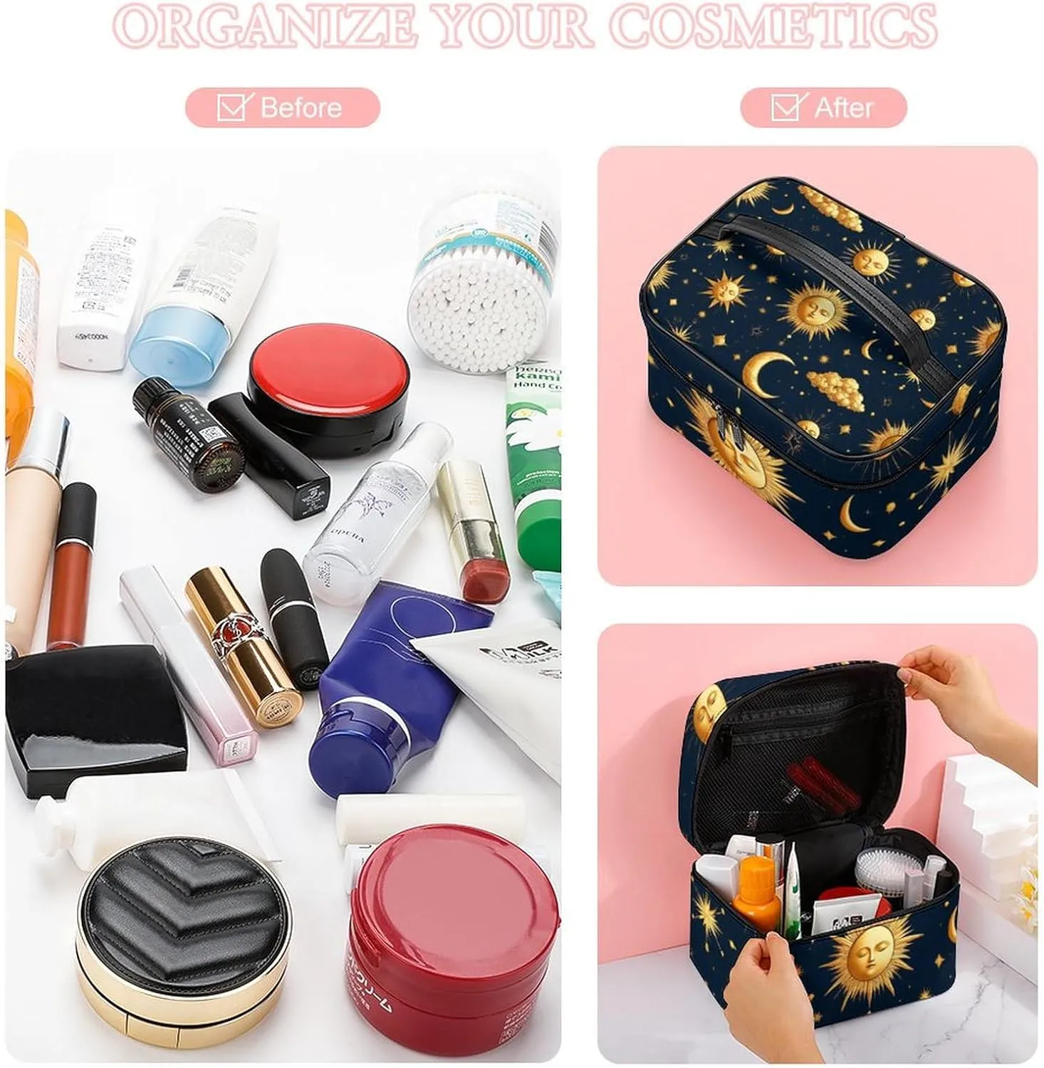 Portable Travel Makeup Bag for Women, Waterproof Toiletry Pouch Sun Moon Boho Astrology Cosmetic Organizer Storage Case with Handle