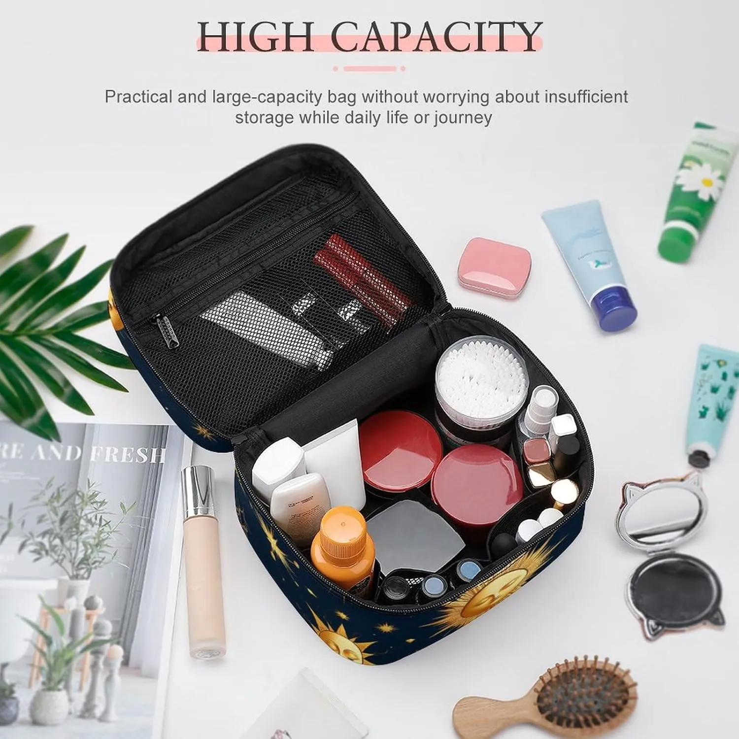 Portable Travel Makeup Bag for Women, Waterproof Toiletry Pouch Sun Moon Boho Astrology Cosmetic Organizer Storage Case with Handle