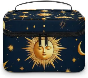 Portable Travel Makeup Bag for Women, Waterproof Toiletry Pouch Sun Moon Boho Astrology Cosmetic Organizer Storage Case with Handle