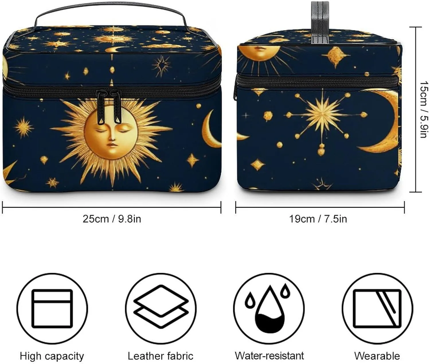 Portable Travel Makeup Bag for Women, Waterproof Toiletry Pouch Sun Moon Boho Astrology Cosmetic Organizer Storage Case with Handle