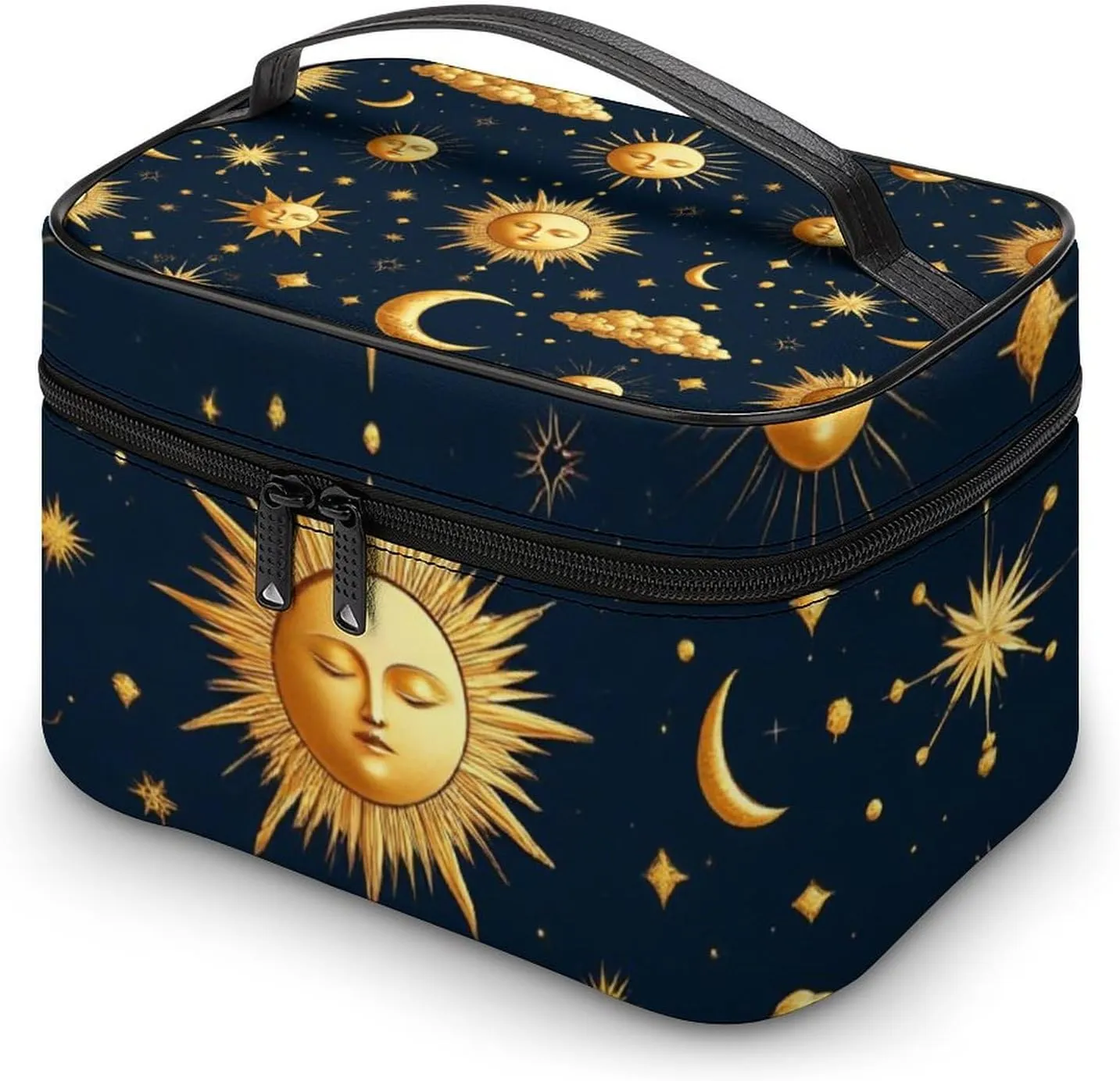 Portable Travel Makeup Bag for Women, Waterproof Toiletry Pouch Sun Moon Boho Astrology Cosmetic Organizer Storage Case with Handle