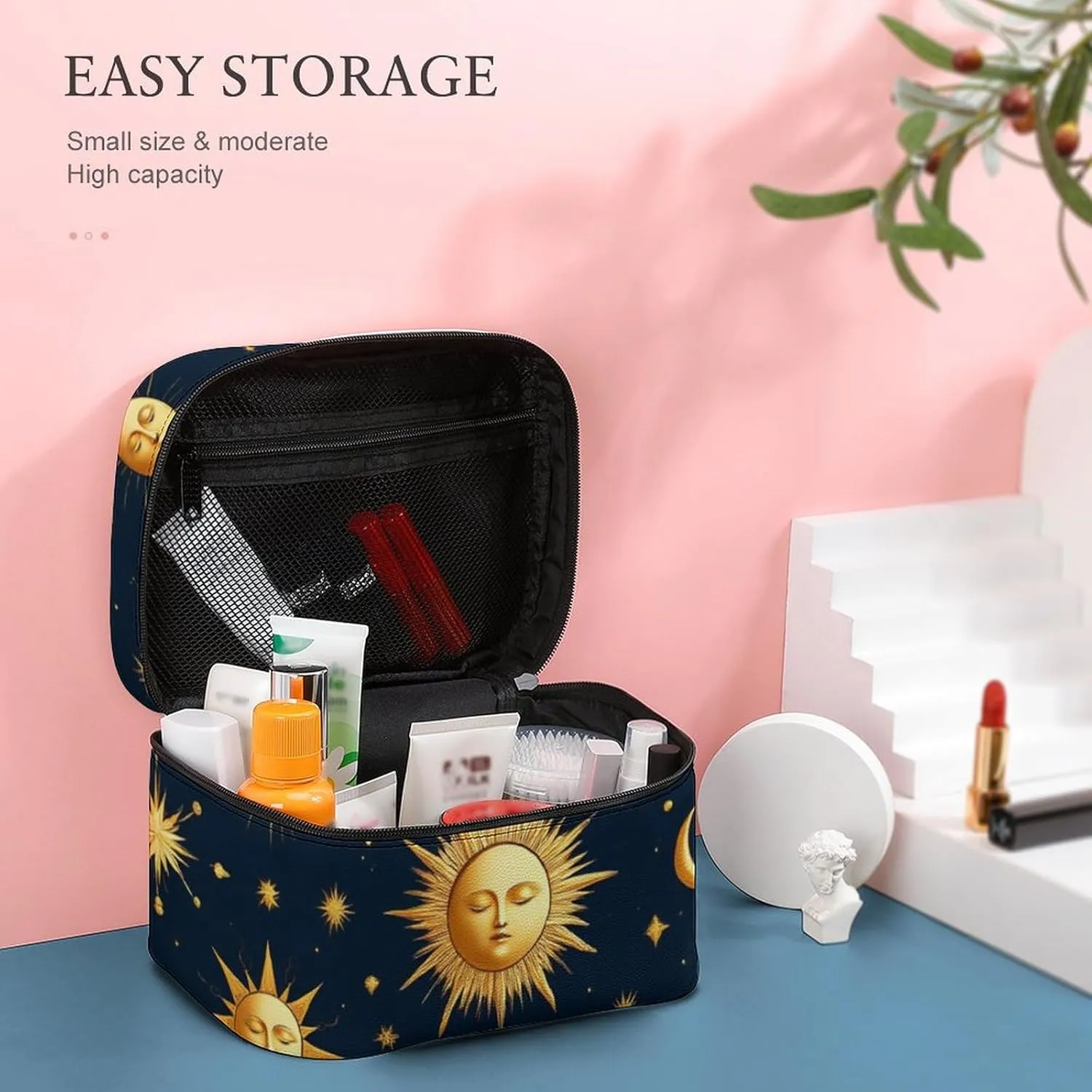 Portable Travel Makeup Bag for Women, Waterproof Toiletry Pouch Sun Moon Boho Astrology Cosmetic Organizer Storage Case with Handle