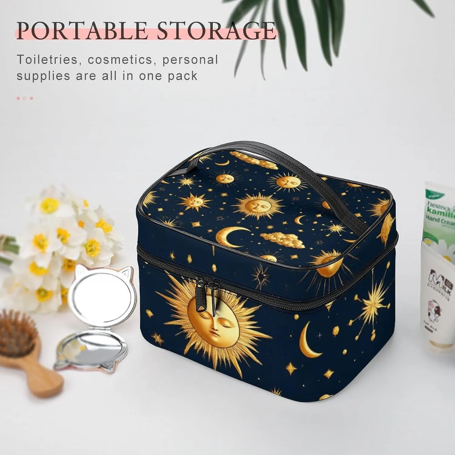 Portable Travel Makeup Bag for Women, Waterproof Toiletry Pouch Sun Moon Boho Astrology Cosmetic Organizer Storage Case with Handle