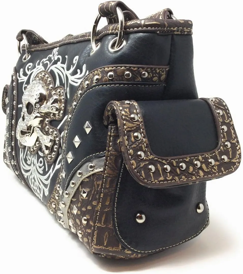 Premium Rhinestone Western Women's Metal Skull Handbag Purse Matching Wallet in 3 colors.
