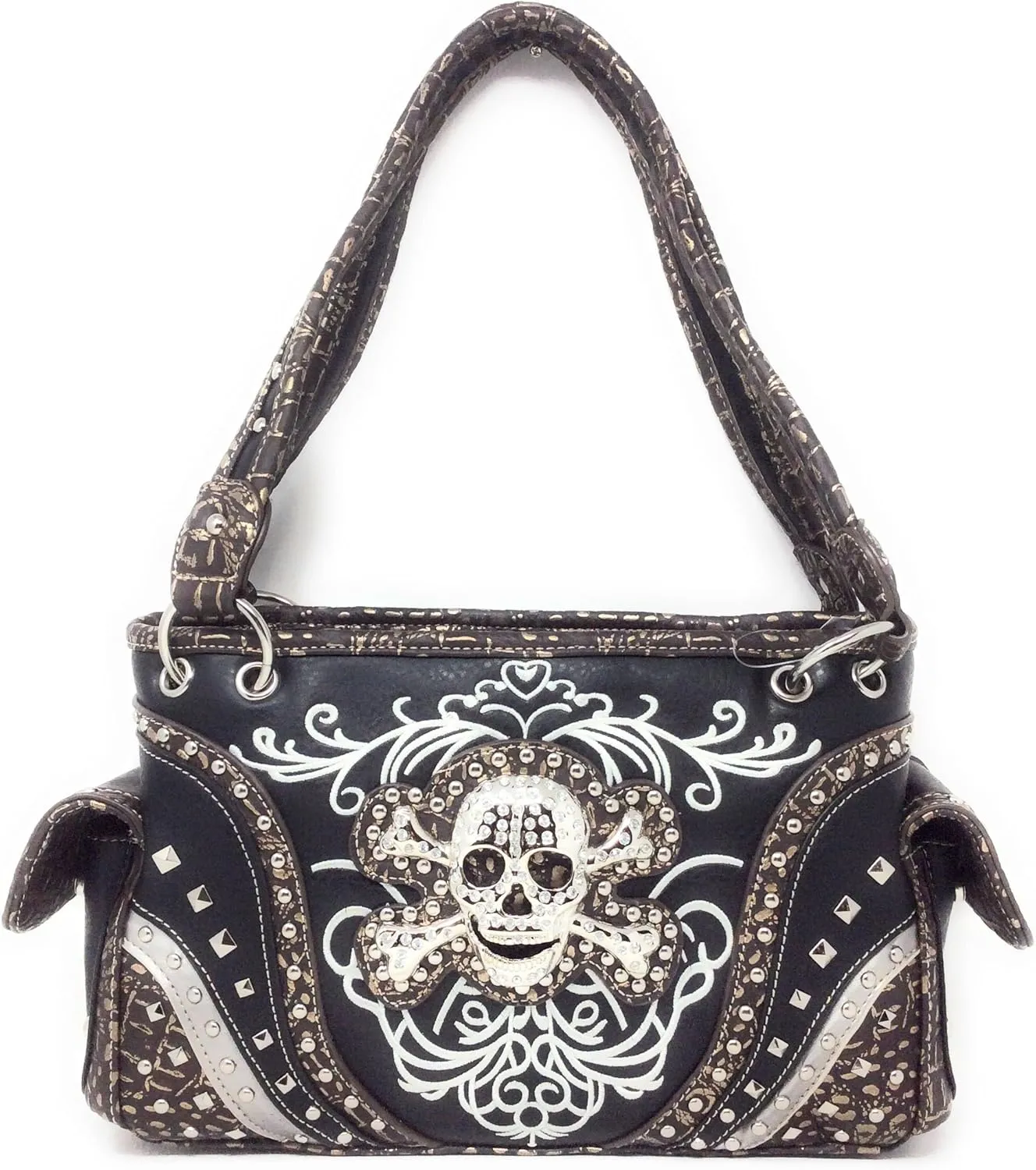 Premium Rhinestone Western Women's Metal Skull Handbag Purse Matching Wallet in 3 colors.