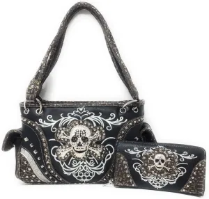 Premium Rhinestone Western Women's Metal Skull Handbag Purse Matching Wallet in 3 colors.