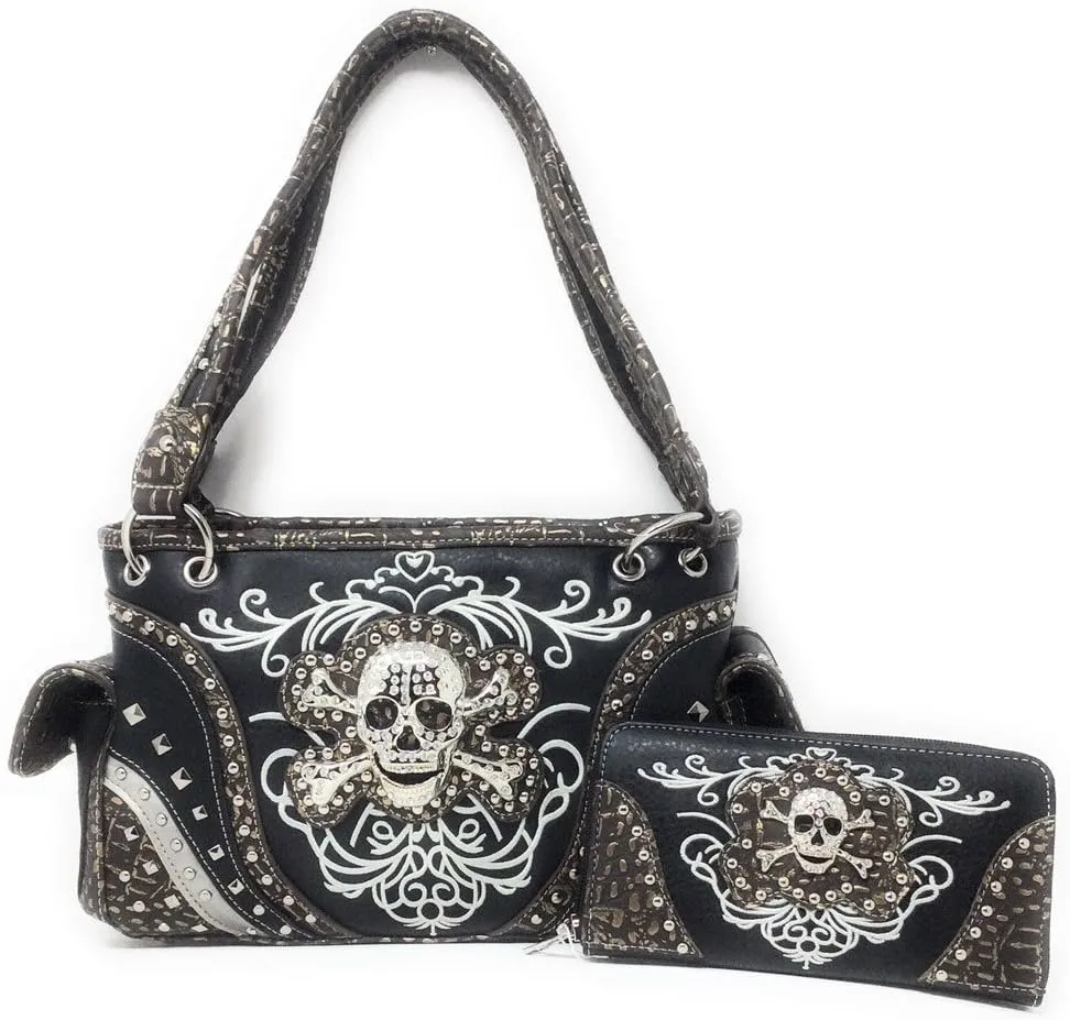 Premium Rhinestone Western Women's Metal Skull Handbag Purse Matching Wallet in 3 colors.
