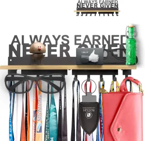 Premium Trophy and Medal Display Shelf,Metal Trophy Shelf with Hooks Upgraded,Trophy Display,Sturdy Trophy Shelf with Hooks for Medals in Black Metal Wall Mount Medals Packed Gift