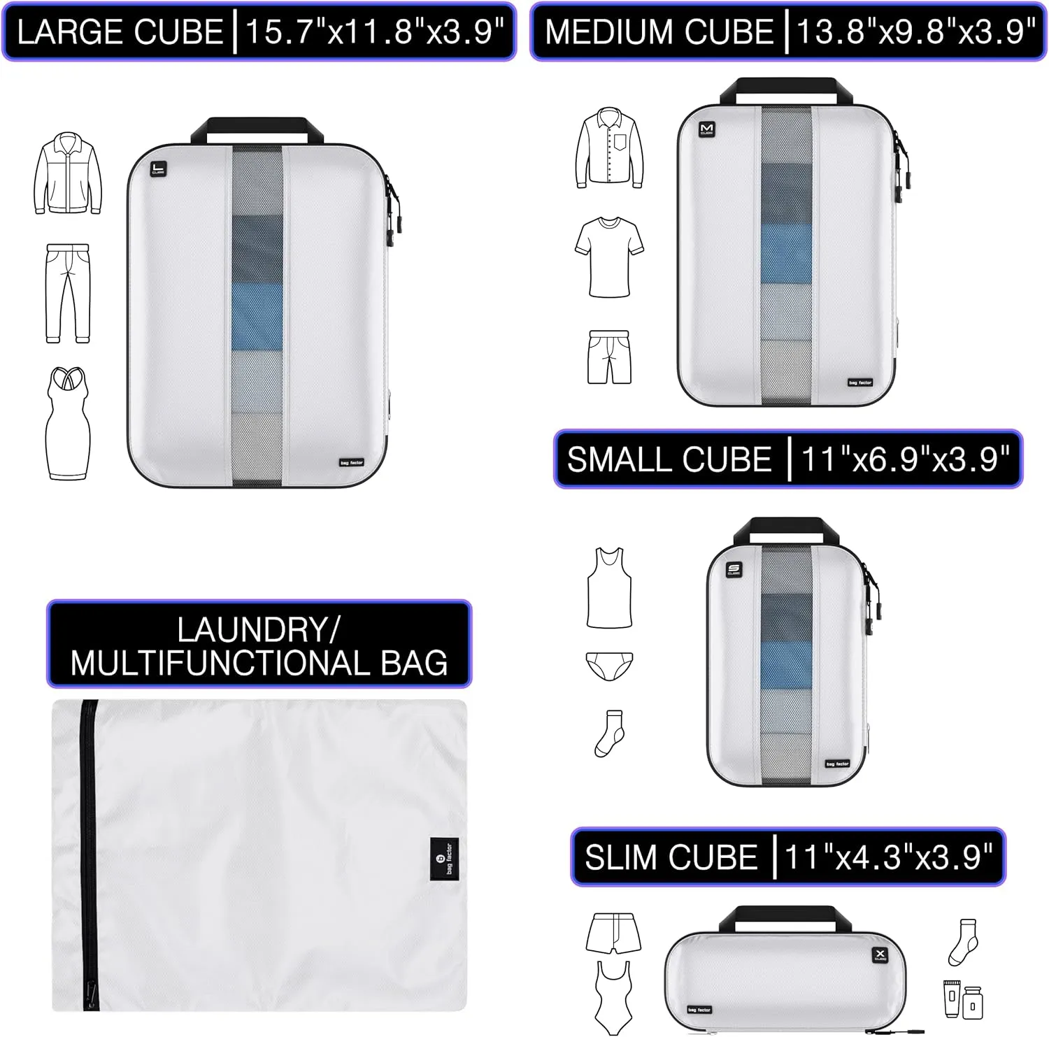 Premium Ultralight Compression Packing Cubes for Travel - Bag Factor Luggage Organizer Set (White - 5 Set)