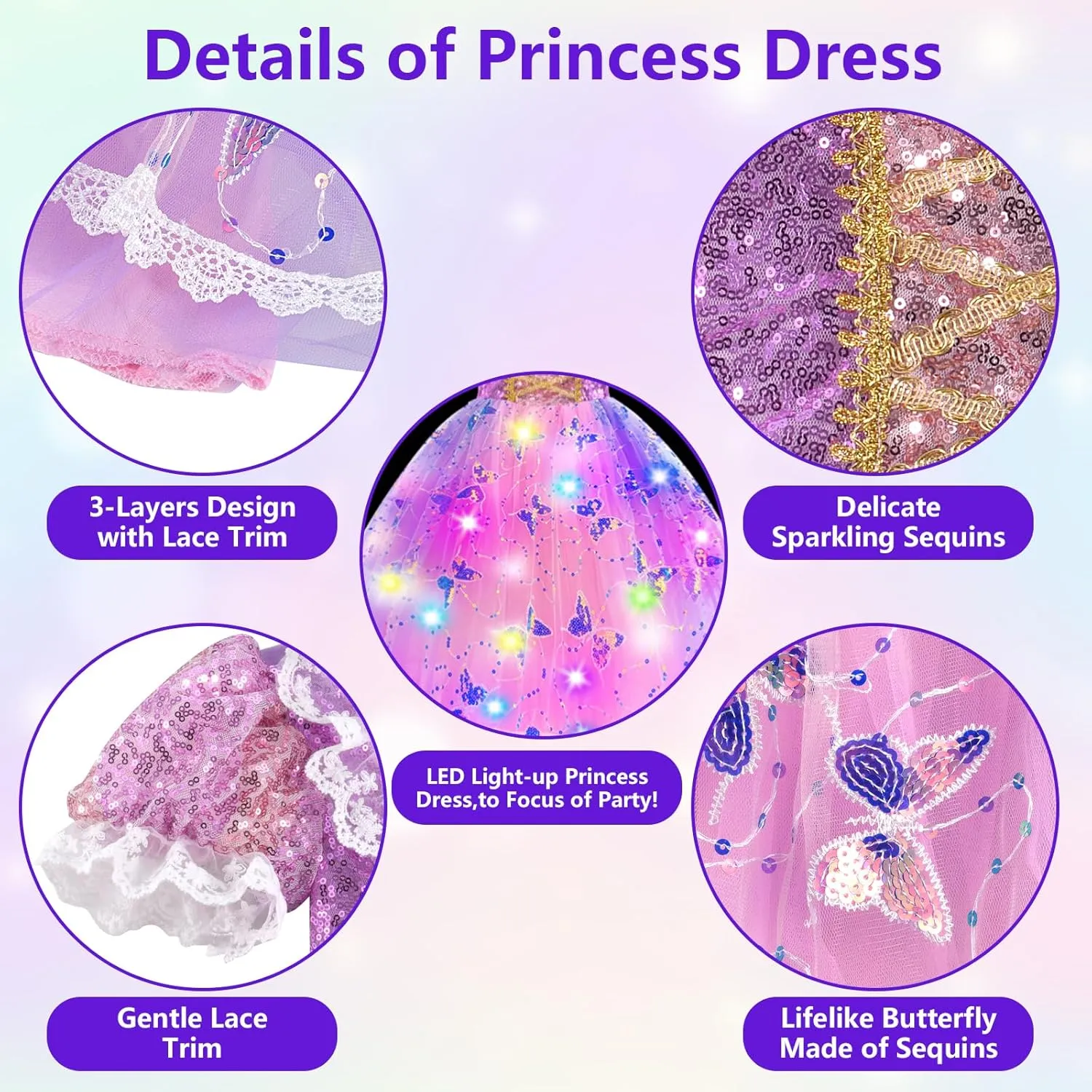 Princess Dresses for Girls Light Up Princess Costume Age 3-8 Years Old, Girls Dress Up Clothes for Halloween Cosplay Birthday Party Outfit (M)