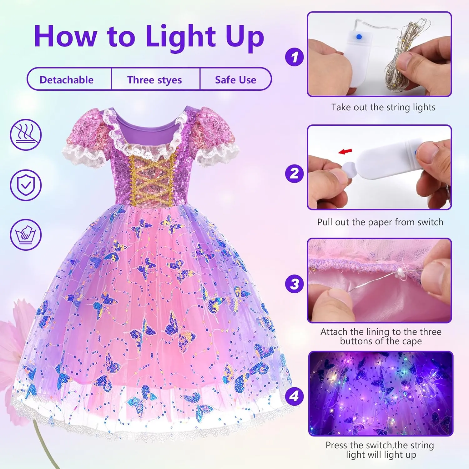 Princess Dresses for Girls Light Up Princess Costume Age 3-8 Years Old, Girls Dress Up Clothes for Halloween Cosplay Birthday Party Outfit (M)