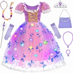 Princess Dresses for Girls Light Up Princess Costume Age 3-8 Years Old, Girls Dress Up Clothes for Halloween Cosplay Birthday Party Outfit (M)