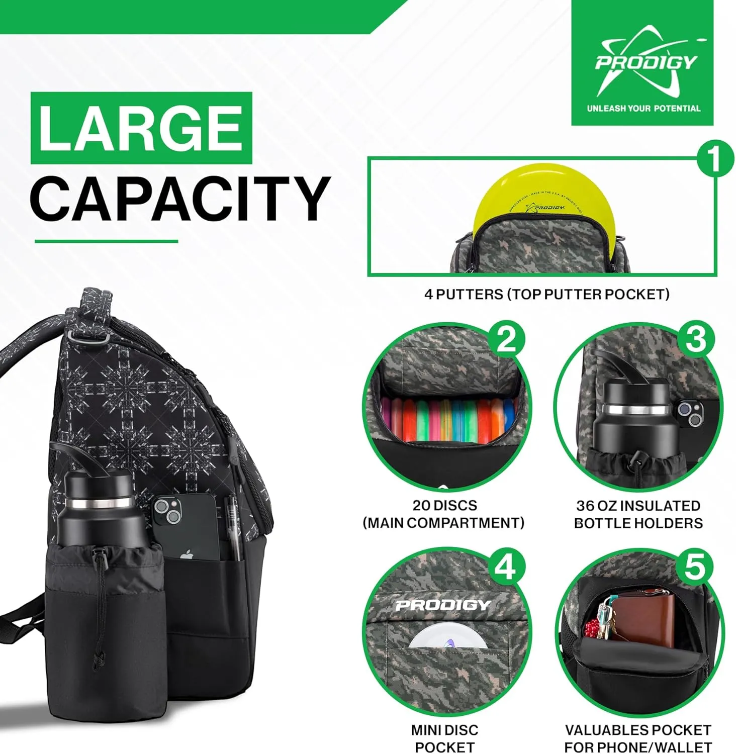 Prodigy Disc Ascent Disc Golf Backpack, Beginner Frisbee Backpack with 18  Disc Capacity, Lightweight Golf Starter Bag, Essential Accessories
