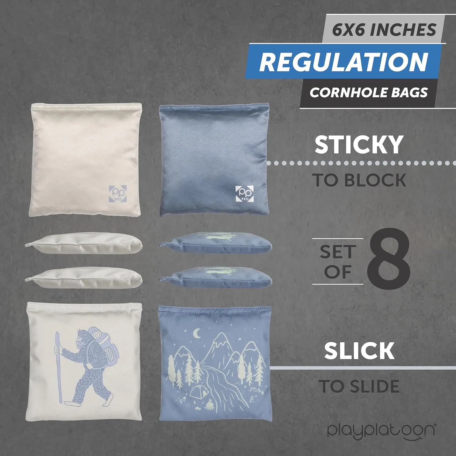 Professional Cornhole Bags - Set of 8 Regulation All Weather Double Sided - Sticky Side/Slick Side Bean Bags for Pro Corn Hole Game
