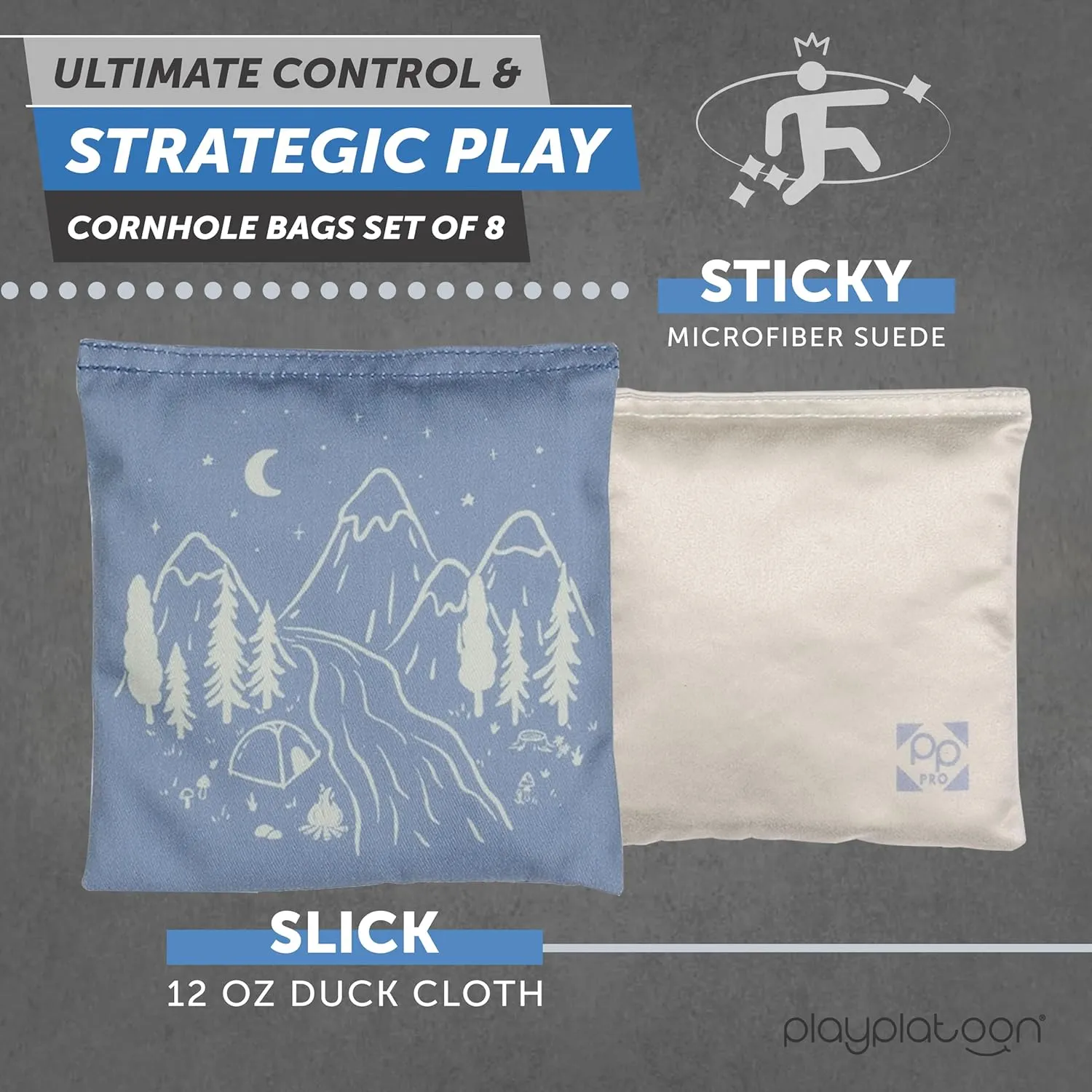 Professional Cornhole Bags - Set of 8 Regulation All Weather Double Sided - Sticky Side/Slick Side Bean Bags for Pro Corn Hole Game