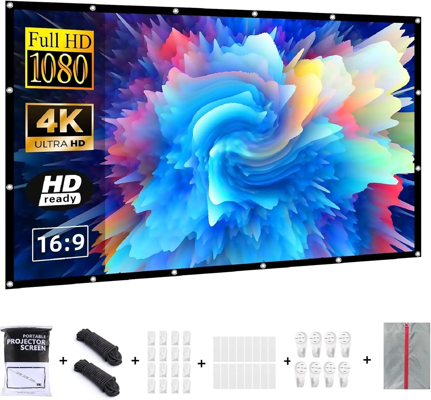 Projector Screen 150 Inch Outdoor Portable Movie Screen,16:9/Foldable/Anti-Crease/1.1 Gain/160°Viewing/Washablewith,with Nail Hooks and Carrying Bag,Support Double Sided Projection (150 INCH)