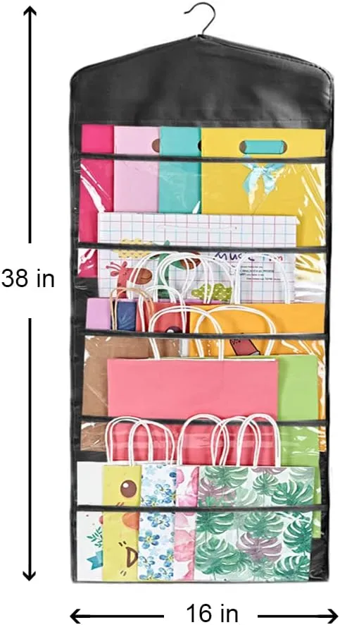 ProPik Hanging Double Sided Gift Bag Storage Organizer with Multiple Front and Back Pockets - Organize Your Gift Wrap, Tissue Paper, and Paper Bags 38 x 16 Inch PVC (Full Black)