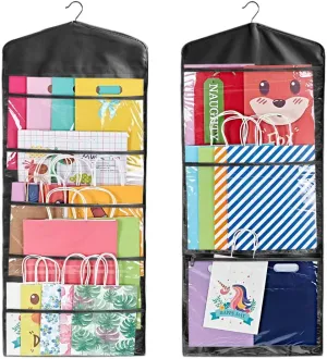 ProPik Hanging Double Sided Gift Bag Storage Organizer with Multiple Front and Back Pockets - Organize Your Gift Wrap, Tissue Paper, and Paper Bags 38 x 16 Inch PVC (Full Black)