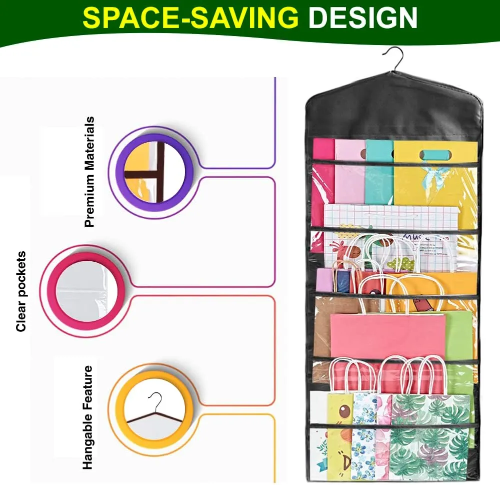 ProPik Hanging Double Sided Gift Bag Storage Organizer with Multiple Front and Back Pockets - Organize Your Gift Wrap, Tissue Paper, and Paper Bags 38 x 16 Inch PVC (Full Black)
