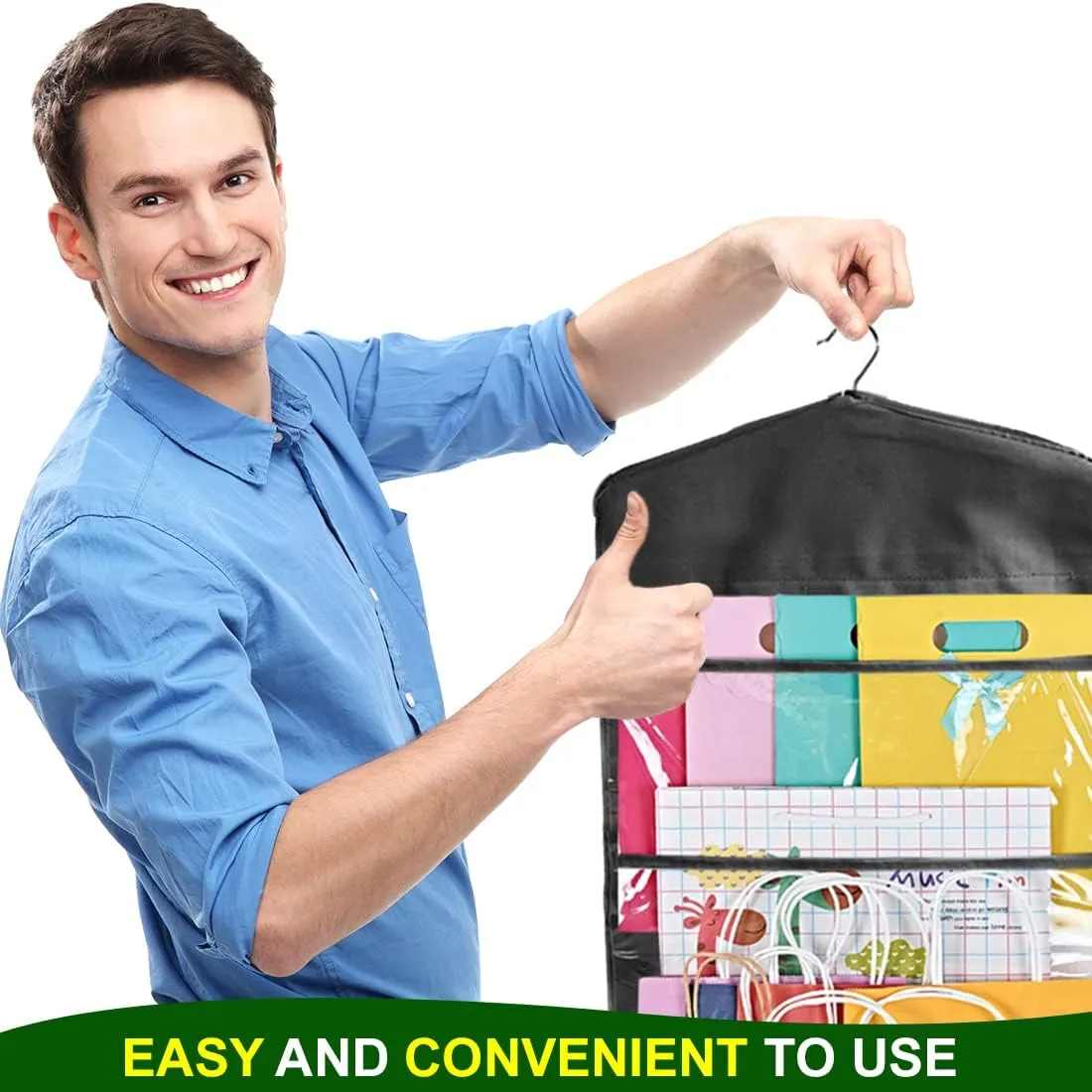 ProPik Hanging Double Sided Gift Bag Storage Organizer with Multiple Front and Back Pockets - Organize Your Gift Wrap, Tissue Paper, and Paper Bags 38 x 16 Inch PVC (Full Black)
