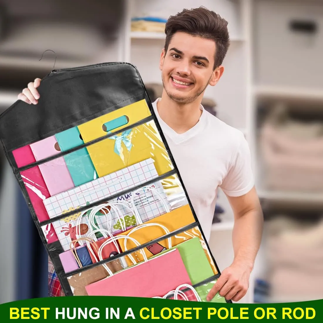 ProPik Hanging Double Sided Gift Bag Storage Organizer with Multiple Front and Back Pockets - Organize Your Gift Wrap, Tissue Paper, and Paper Bags 38 x 16 Inch PVC (Full Black)