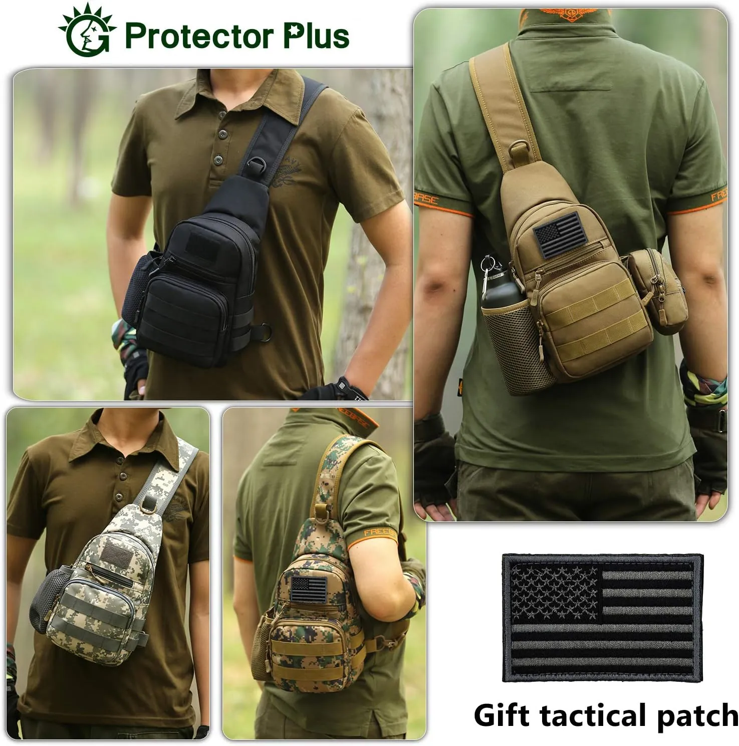 Protector Plus Tactical Sling Bag Military MOLLE Crossbody Pack Chest Shoulder Backpack with Water Bottle Holder Pouch EDC Diaper Motorcycle Bicycle Daypack (Patch Included),Brown