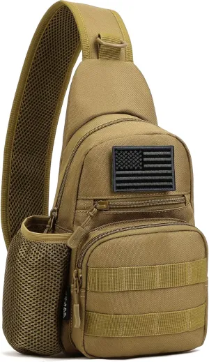 Protector Plus Tactical Sling Bag Military MOLLE Crossbody Pack Chest Shoulder Backpack with Water Bottle Holder Pouch EDC Diaper Motorcycle Bicycle Daypack (Patch Included),Brown