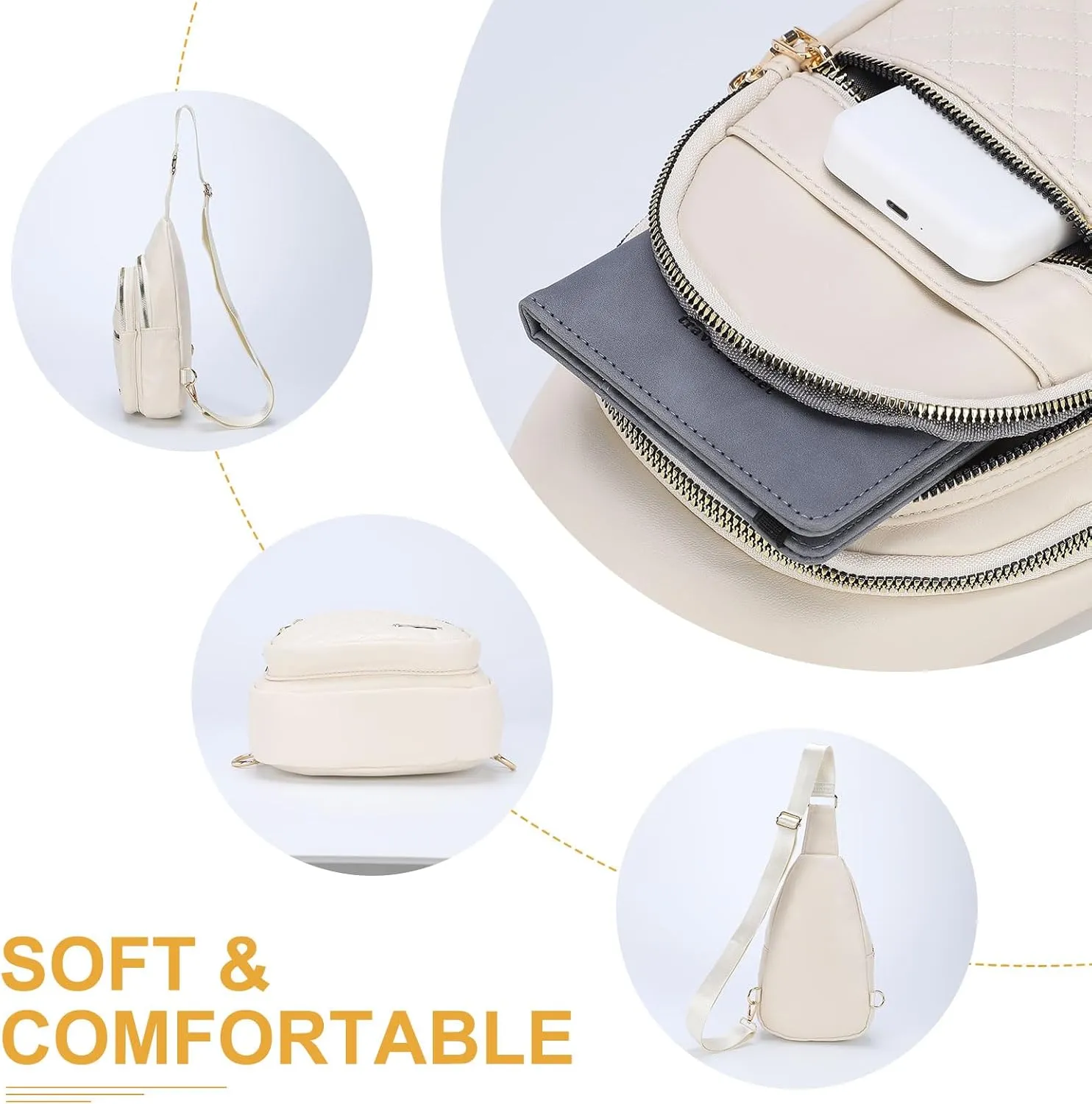 PU Leather Small Sling Bag Mini Crossbody Backpack Daypack - 7.9" Good for Hiking Travel Running Cycling Sports - White