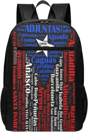 Puerto Rican Flag Towns Cities Of Puerto Rico Casual Backpacks Sports Backpack Large Capacity Travel Rucksack Laptop Daypack with Multi-Pockets Adjustable Strap Work Bag for Hiking