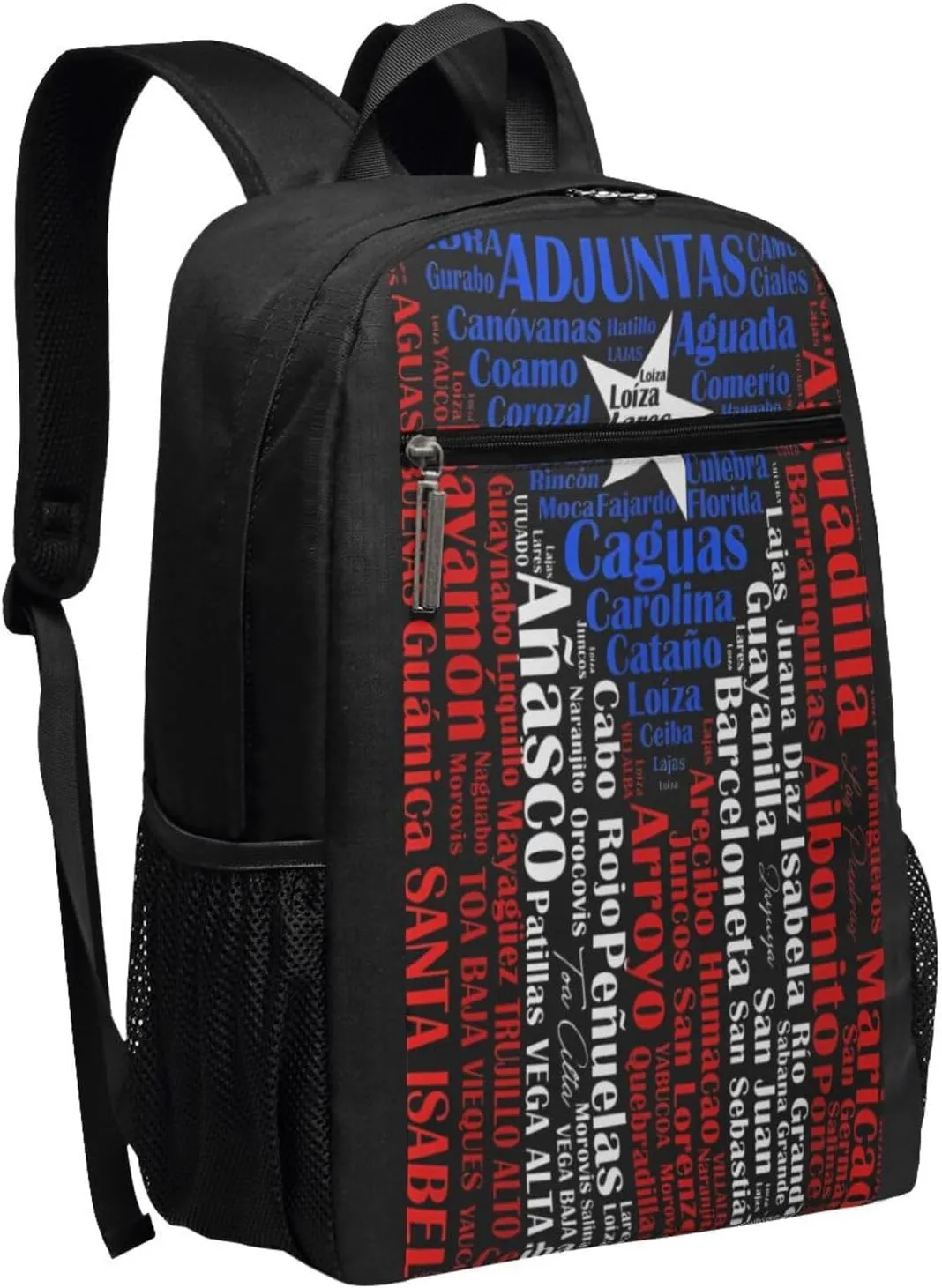 Puerto Rican Flag Towns Cities Of Puerto Rico Casual Backpacks Sports Backpack Large Capacity Travel Rucksack Laptop Daypack with Multi-Pockets Adjustable Strap Work Bag for Hiking
